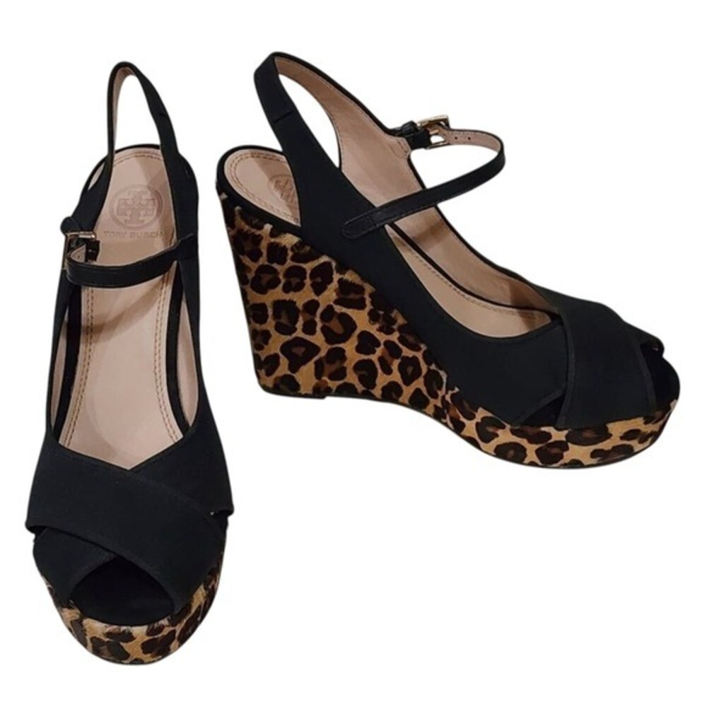 Tory Burch Black Criss Cross Leopard Print Wedge Platform Heels Sandals 9.5